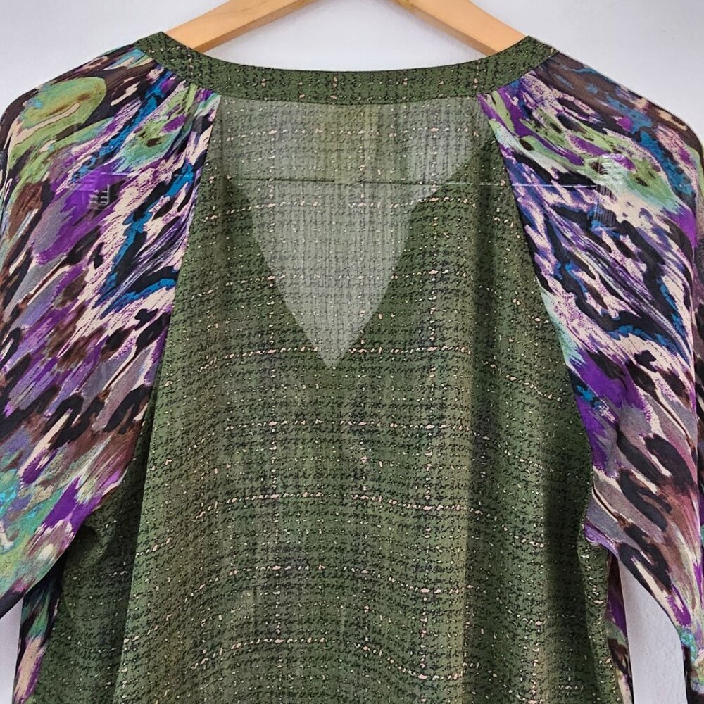 Fig & Flower Womens Sz M Green Purple Art Print Boho Blouse Hi Low Casual Top - Picture 13 of 15